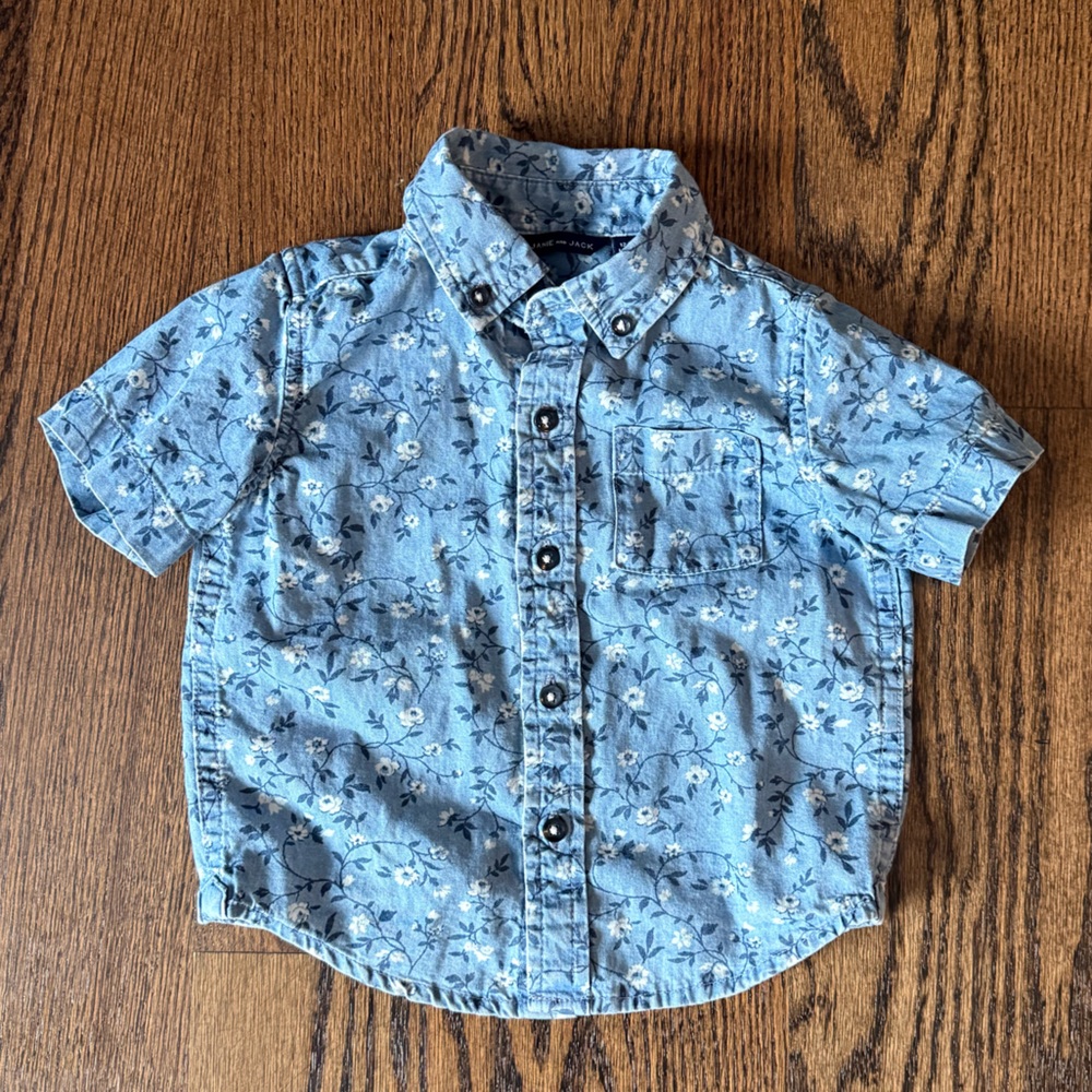 Janie and Jack Light Blue Floral Button Down Easter Short Sleeve Shirt